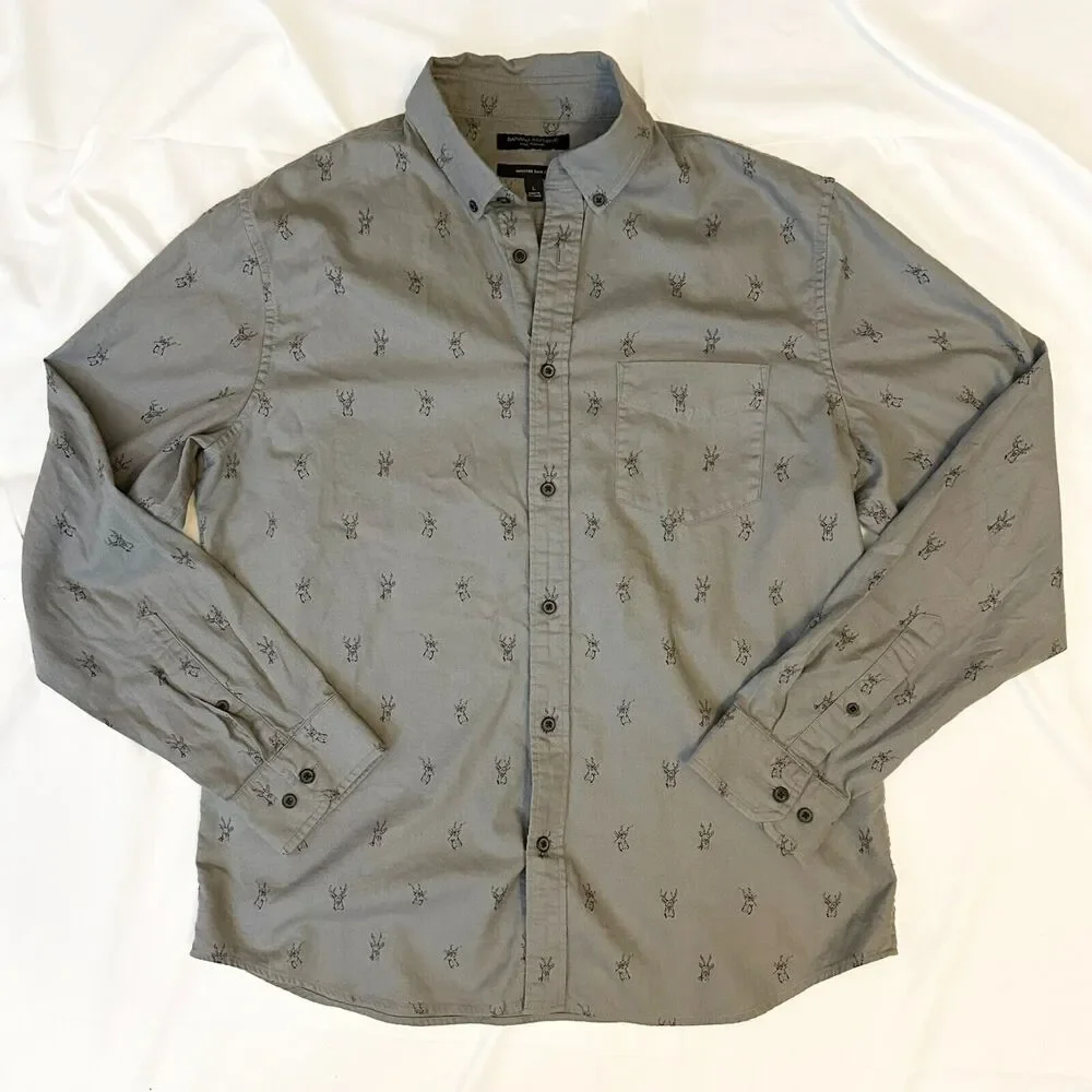Banana Republic Luxe Flannel Shirt Mens Size L Gray Untucked Slim Fit Deer Stag